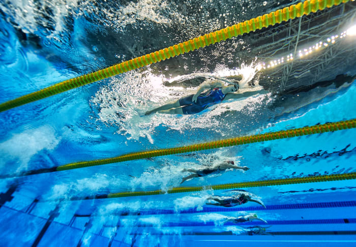 2016 Summer Olympics: (From top) USA Katie Ledecky, Great Britain Carlin Jazz, France Coralie Balmy, Australia Jessica Ashwood and Australia Tamsin Cook during Women’s 400M Freestyle Final